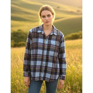 Eddie Bauer Women’s Blue Purple Plaid Fleece Shirt Jacket Size L
